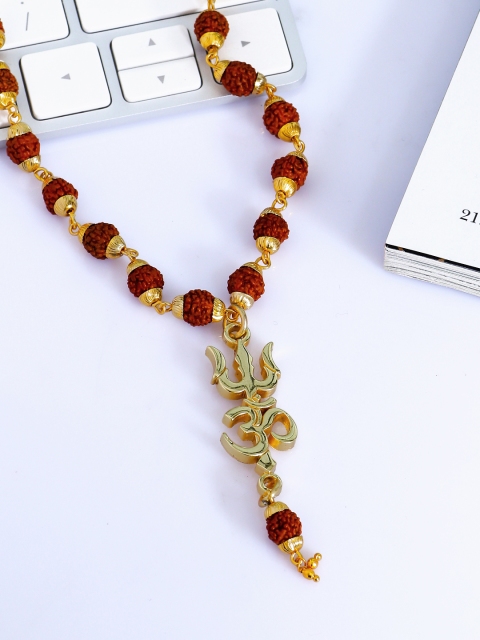 Dare by Voylla Men Gold-Plated & Brown OM and Trishul Shaped Handcrafted Pendant With Chain