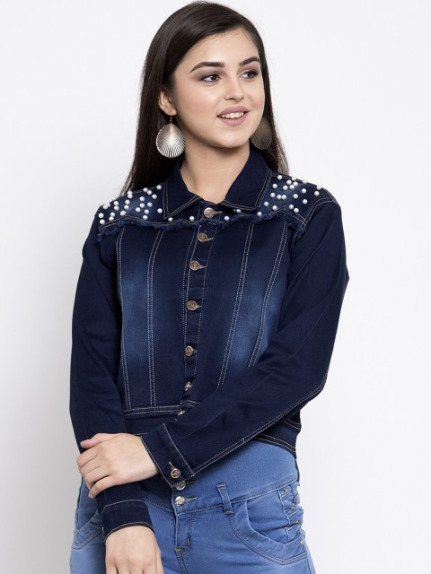 

Purple Feather Women Navy Blue Solid Denim Jacket