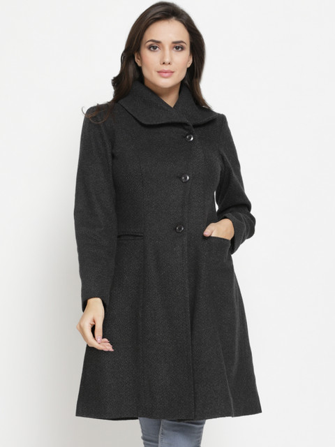 

Owncraft Women Charcoal Grey Solid Single-Breasted Woolen Princess Coat