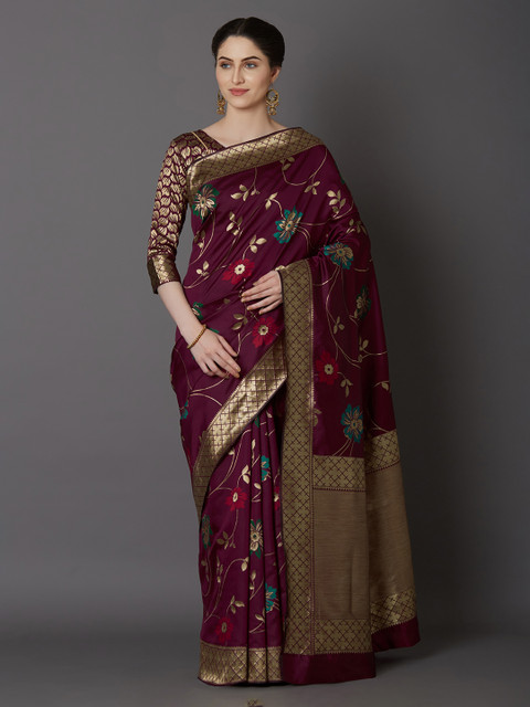 

Mitera Burgundy Silk Blend Woven Design Kanjeevaram Saree