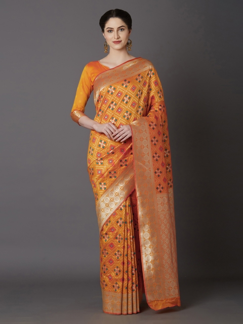

Mitera Orange Silk Blend Woven Design Kanjeevaram Saree