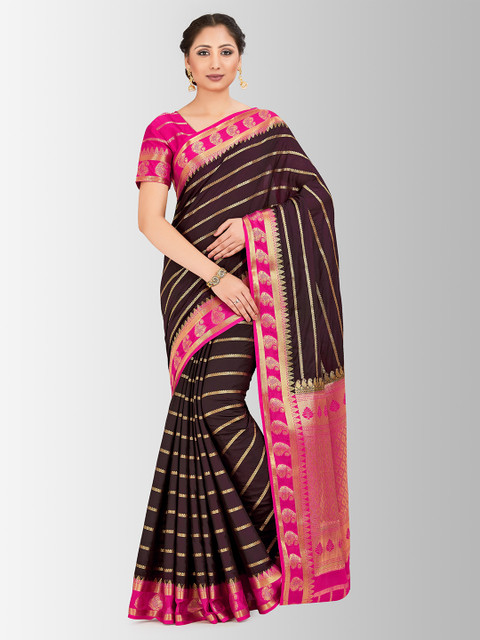 

MIMOSA Burgundy & Pink Poly Crepe Striped Mysore Silk Saree