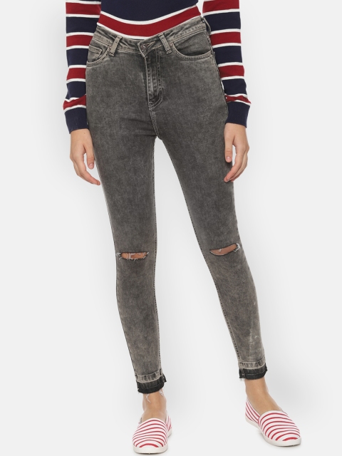 

People Women Grey Regular Fit Mid-Rise Slash Knee Stretchable Jeans