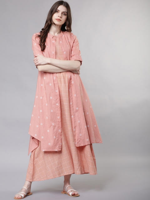 

Vishudh Women Peach-Coloured Checked Fit and Flare Dress With Jacket