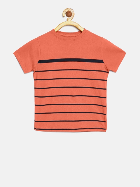 Boys Coral Orange Black Striped Round Neck Pure Cotton T-shirt