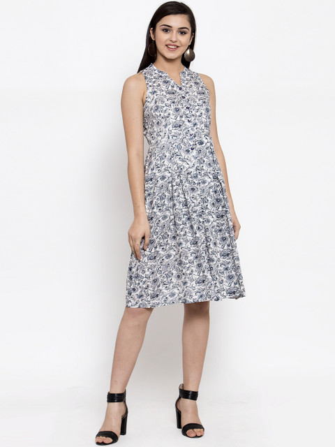 

Ayaany Women White Printed Fit and Flare Dress