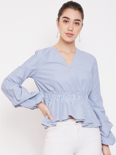 

PURYS Women White Striped Cinched Waist Top