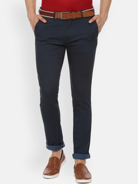 

V Dot Men Navy Blue Slim Fit Self Design Regular Trousers