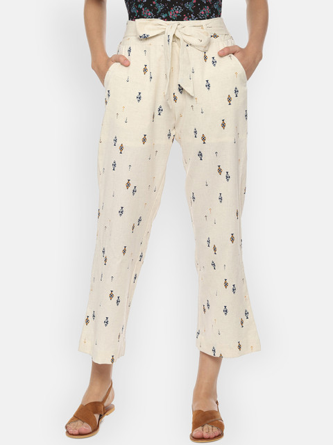 

People Women Cream-Coloured Regular Fit Printed Cigarette Trousers