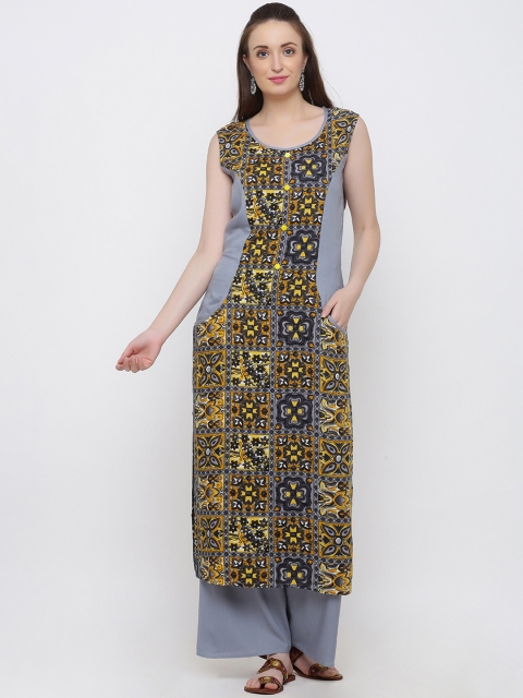 

Indian Virasat Women Grey Ethnic Motifs Printed Panelled Kurta with Palazzos