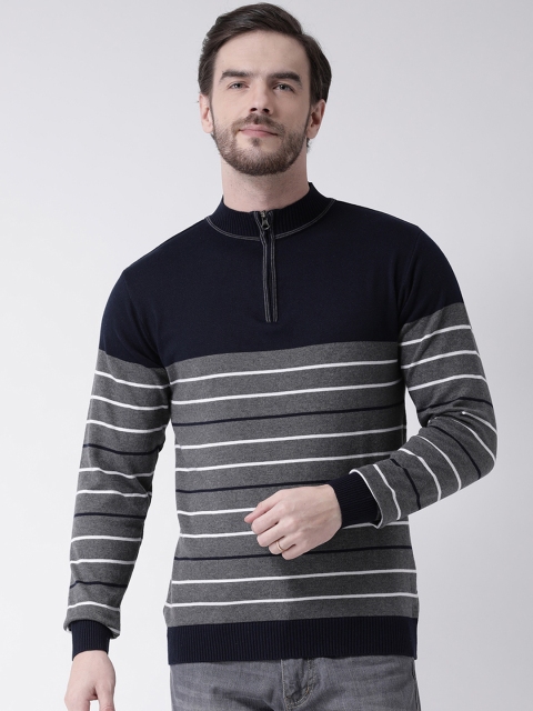 

COBB Men Navy Blue & Grey Striped Pullover Sweater