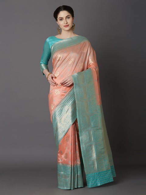 

Mitera Peach-Coloured Silk Blend Woven Design Kanjeevaram Saree
