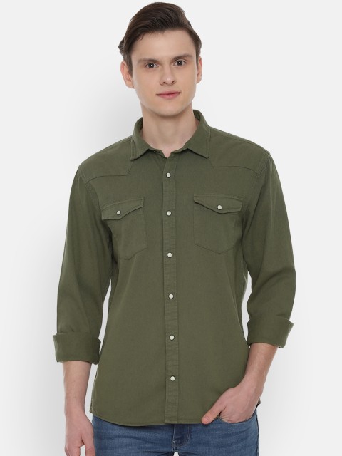 

People Men Olive Green Slim Fit Solid Casual Shirt