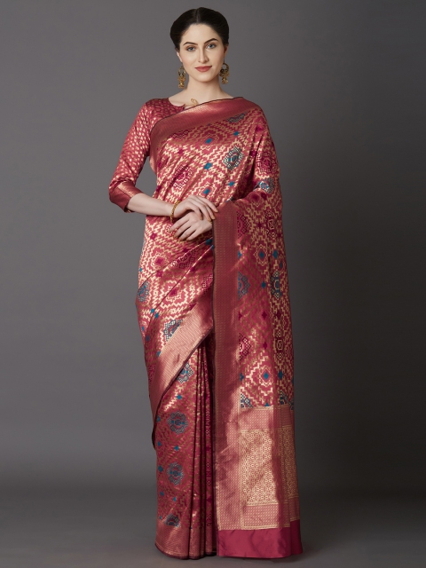Mitera Maroon Silk Blend Woven Design Kanjeevaram Saree