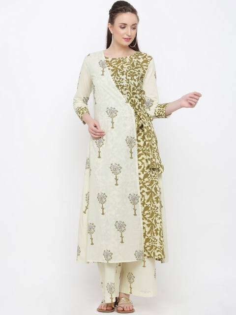 

Indian Virasat Women Cream-Coloured & Green Printed Kurta with Palazzos