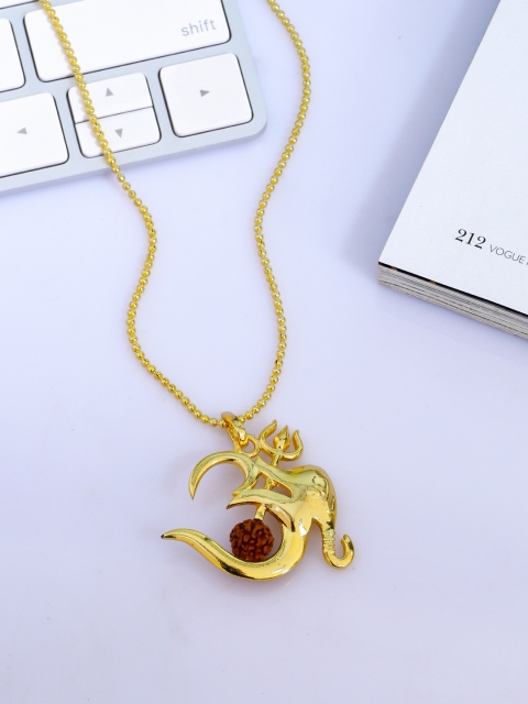 

Dare by Voylla Men Gold-Plated OM Shaped Brown Rudrakhsa Beaded Handcrafted Pendant With Chain