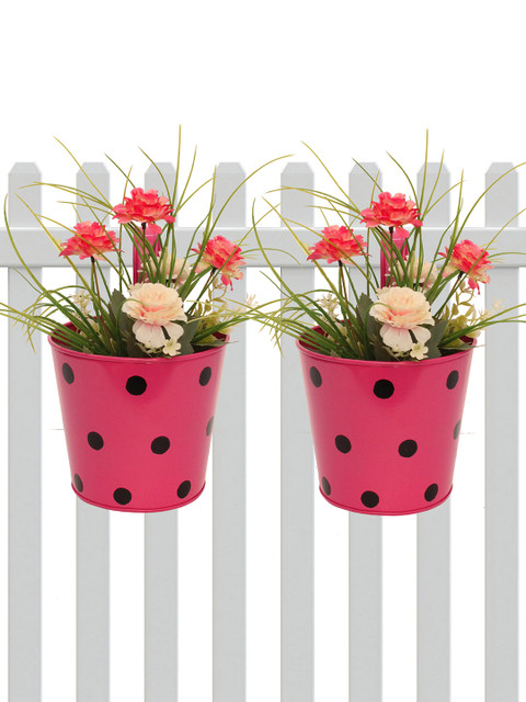 

Home Sparkle Set of 2 Pink & Black Round Basket Hanging Railing Planters