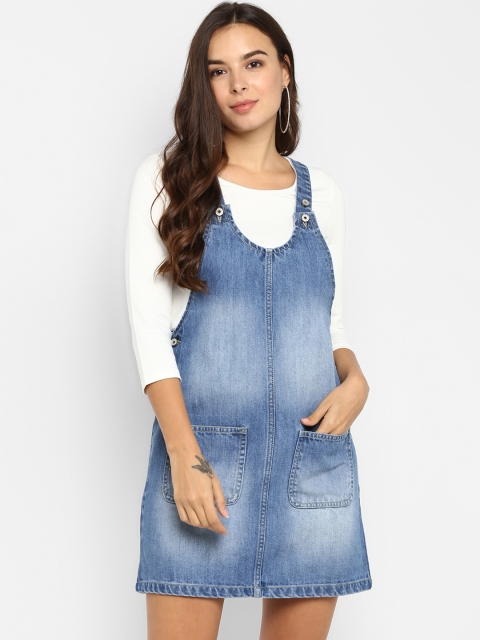 

FOSH Women Navy Blue Denim Pinafore Dress