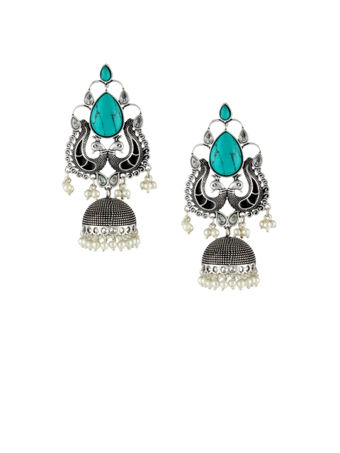 

Adwitiya Collection Silver-Plated & Turquoise Blue Oxidised Dome Shaped Jhumkas