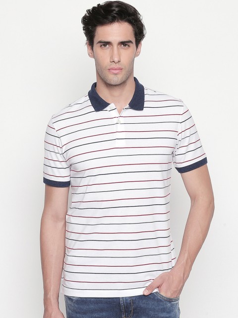 

BYFORD by Pantaloons Men White & Navy Blue Striped Polo Collar Slim Fit T-shirt