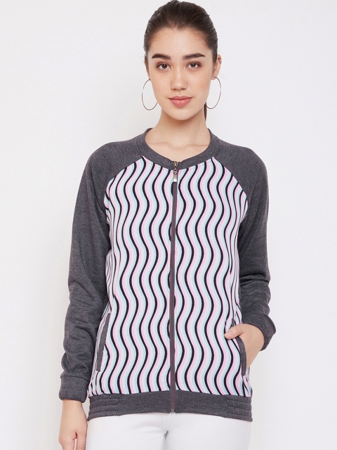 

PURYS Women Grey Striped Bomber Jacket