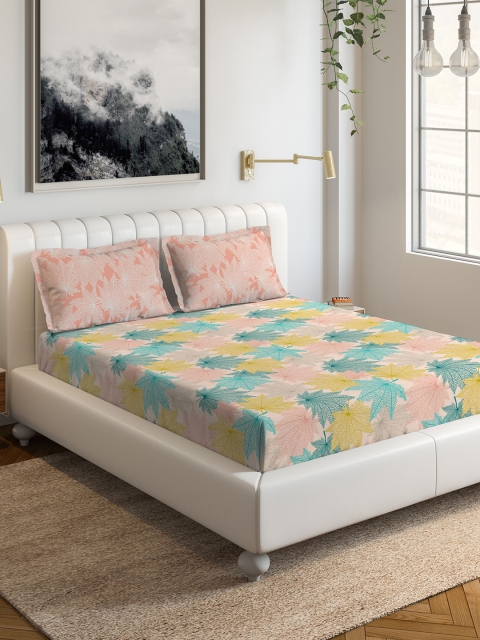 

DDecor Turquoise Blue & Pink Floral 144 TC Cotton 1 Queen Bedsheet with 2 Pillow Covers