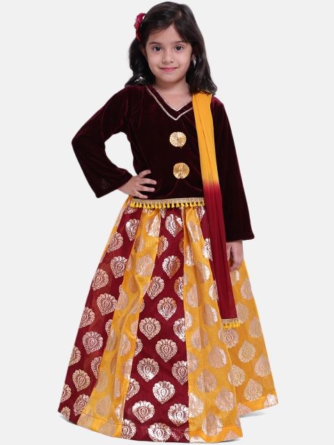 

BownBee Girls Maroon & Mustard Yellow Solid Ready to Wear Lehenga & Blouse with Dupatta