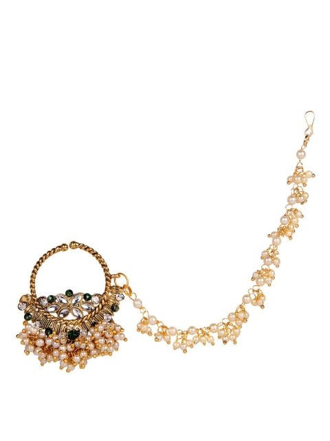 

ANIKAS CREATION Gold-Plated & Off-White Beaded & Stone-Studded Chained Nose Ring