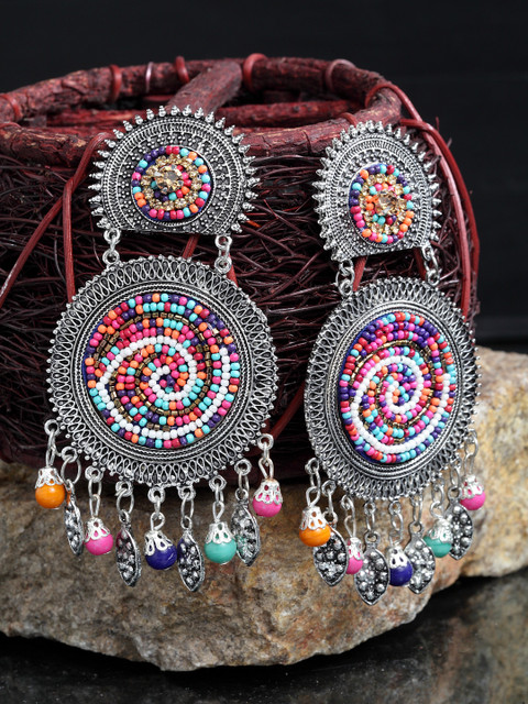 

Moedbuille Silver-Toned German Silver Oxidised Handcrafted Circular Drop Earrings