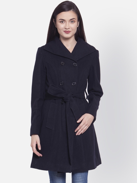 

Owncraft Women Navy Blue Solid Double-Breasted Woolen Trench Coat