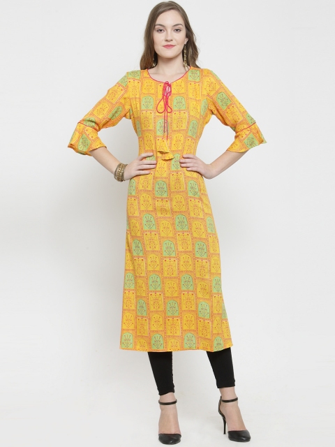 

Kiaasa Women Yellow & Green Printed Straight Kurta