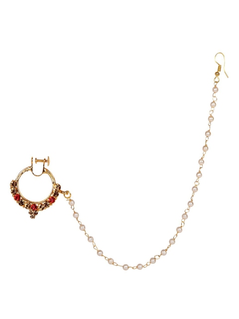 

ANIKAS CREATION Gold-Plated & Off-White Beaded & Stone-Studded Chained Nose Ring