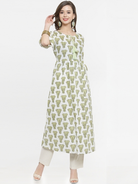 

Kiaasa Women Off-White & Green Printed A-Line Kurta