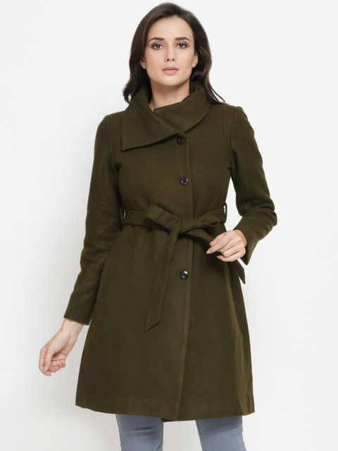 

Owncraft Women Olive Green Solid Single-Breasted Woolen Trench Coat