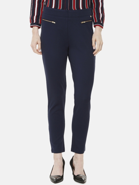 

Allen Solly Woman Women Blue Regular Fit Solid Crop Cigarette Trousers