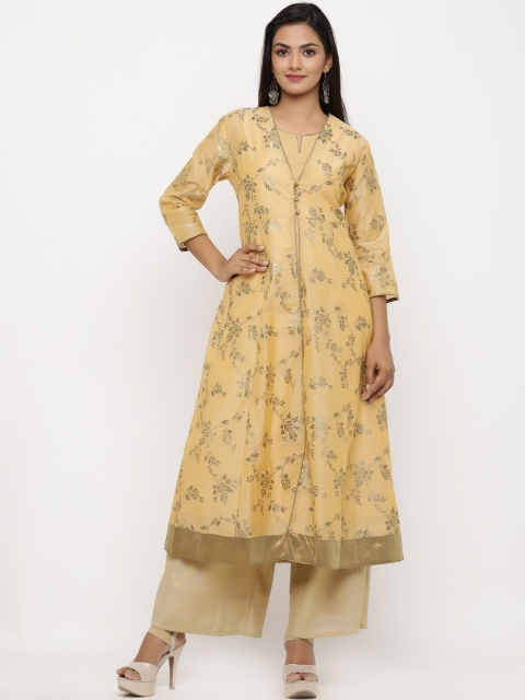 

BUYCLARA Women Yellow & Golden Foil Printed A-Line Kurta