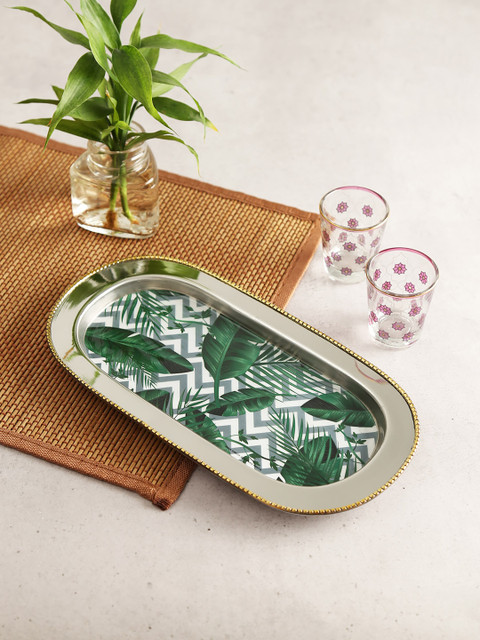 

India Circus by Krsnaa Mehta Green & Grey Chevron Tropical Leaves Steel Serving Tray