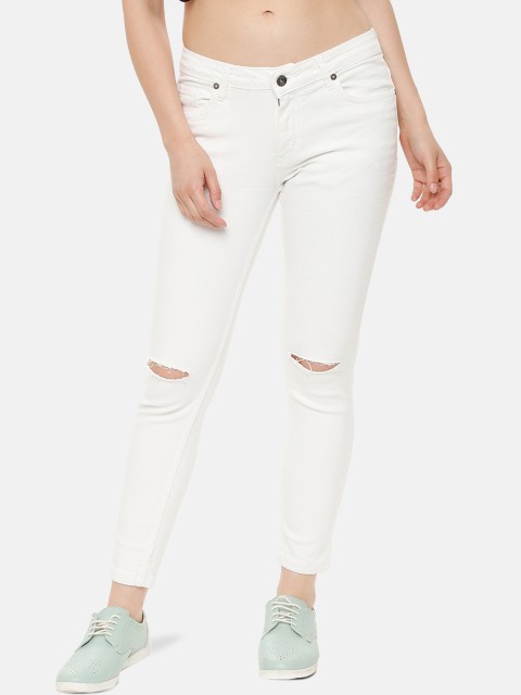 

People Women White Regular Fit Mid-Rise Slash Knee Stretchable Jeans