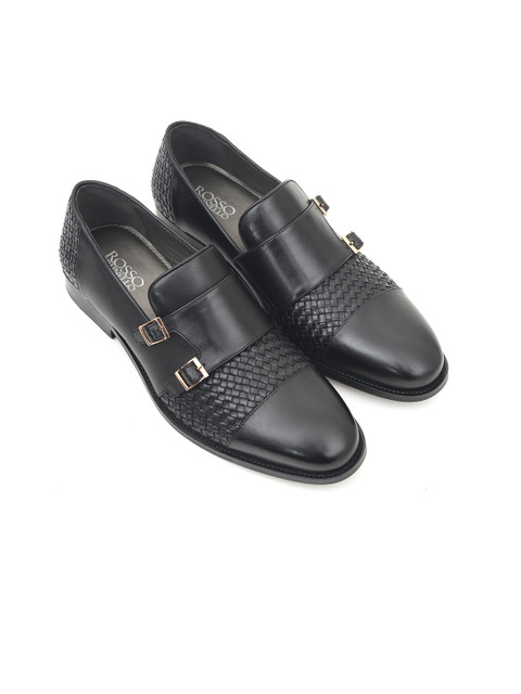 

ROSSO BRUNELLO Men Black Textured Formal Leather Monks