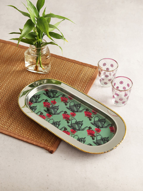 

India Circus by Krsnaa Mehta Green & Grey Mystic Rose Kettles Steel Serving Tray