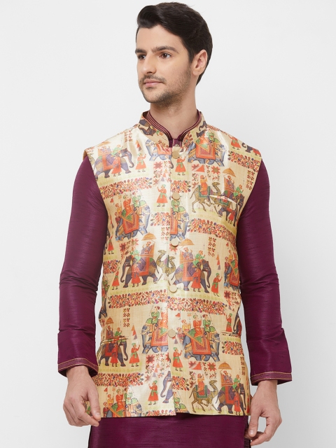

N Dot Men Gold-Toned & Orange Printed Pure Silk Woven Nehru Jacket
