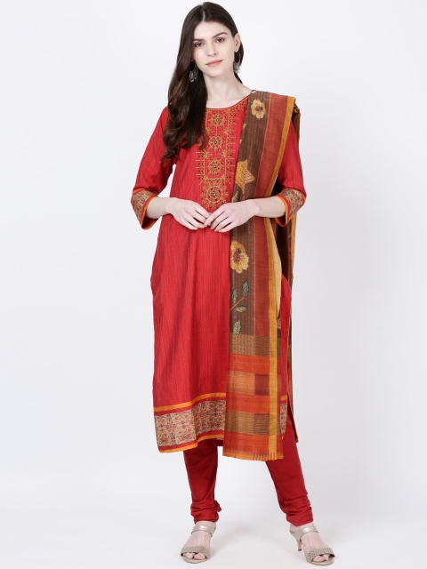 

Soch Women Red Yoke Design Kurta with Churidar & Dupatta