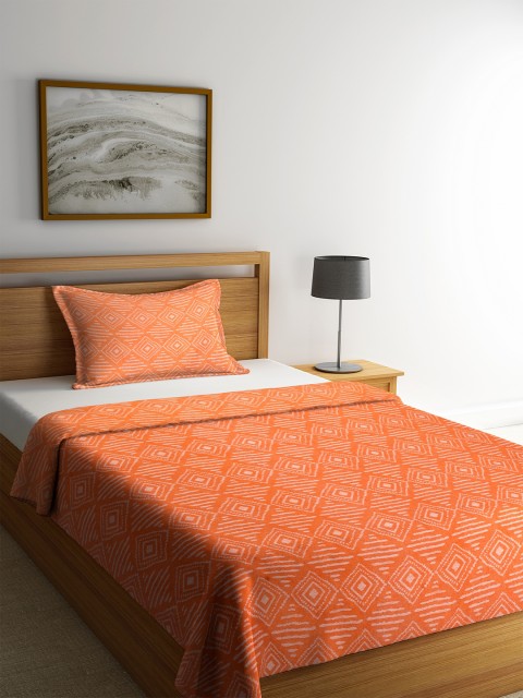 

NEUDIS Orange & Off-White Printed Single Bed Cover with 1 Pillow Cover