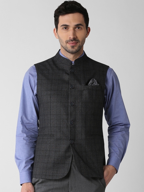 

Peter England Elite Men Black Checked Woven Nehru Jacket