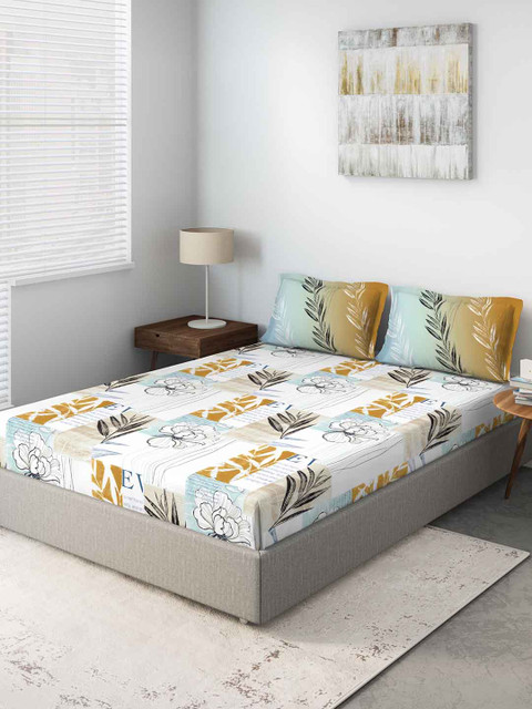 

DDecor Off-White & Mustard Yellow140 TC Cotton 1 King Bedsheet with 2 Pillow Covers