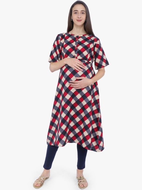 

MomToBe Women Beige & Navy Blue Checked Maternity A-Line Kurta