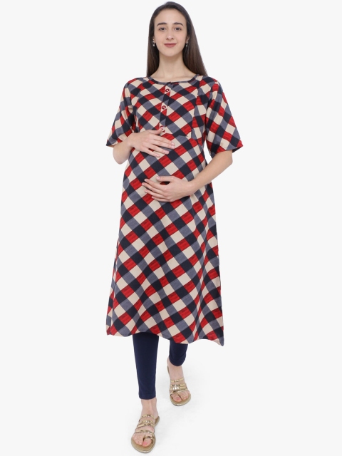 

MomToBe Women Beige & Red Checked A-Line Maternity Nursing Kurta