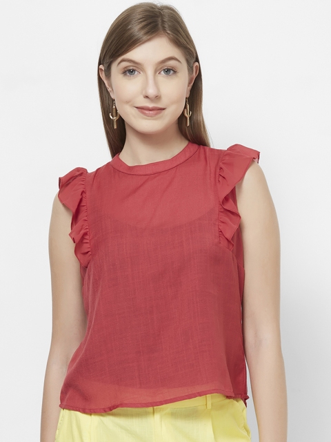 

109F Women Red Solid Ruffle Sleeve Top