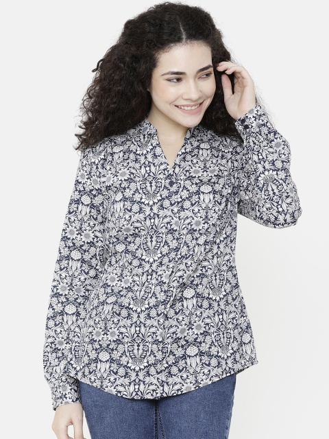 

Double Two Women Navy Blue Printed Shirt Style Top