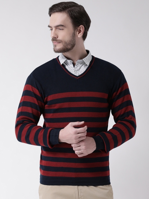 

COBB Men Navy Blue & Red Striped Pullover Sweater